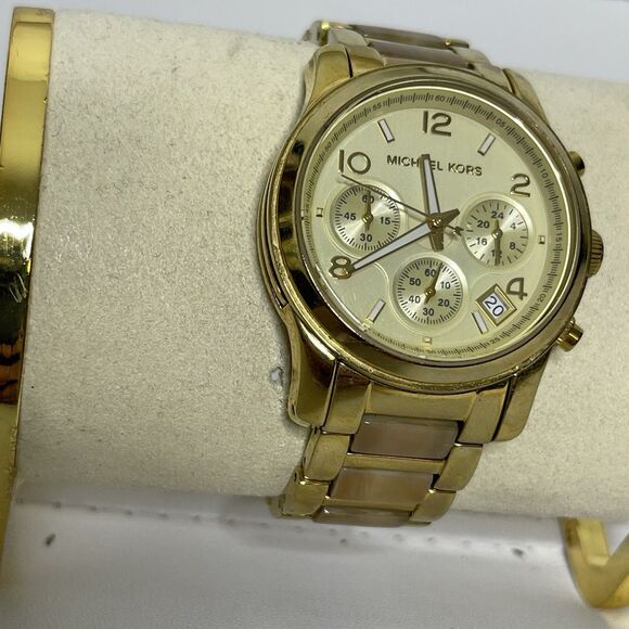 Michael Kors Watch Gold Tortoise Band Chronograph MK5660 Runway Dial Quartz WORK